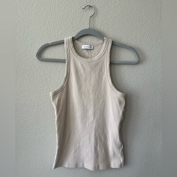 Anine Bing Eva Ribbed High Neck Cotton/Spandex Tank in Stone Women's Size S - Picture 3 of 8